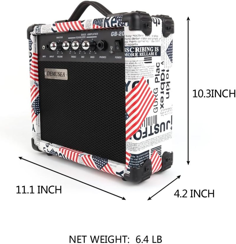 demusea 20W Watt Electric Bass Guitar Amplifier Portable Travel Mini Practic Amp Headphone Jack Aux Treble Middle Bass Flag Mp3 with Cable Adapter Guitar Picks in - Image 3
